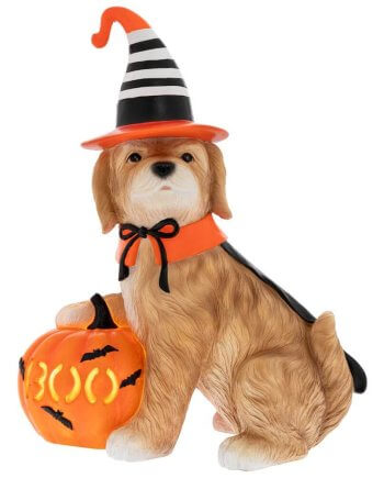 Halloween Διακοσμητικός Polyresin Σκύλος με Καπέλο Μάγισσας και Κολοκύθα με Φως